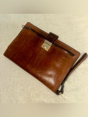 Vtg Tan Leather Tech Organizer Wristlet Bag Unisex 90s Small Tablet Pouch Case